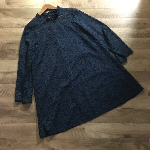 Tahari Navy Blue Lacy Bell Sleeve Lolita Babydoll Dress - Picture 12 of 16